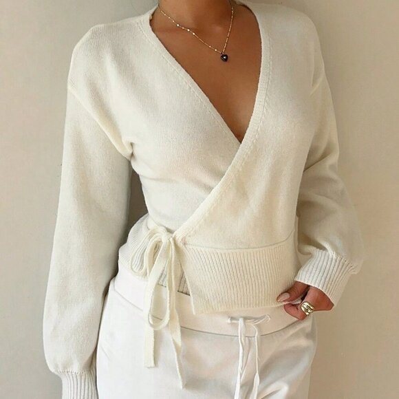 White Casual Women's Versatile Wrap Tie Front Cardigan - Picture 7 of 7